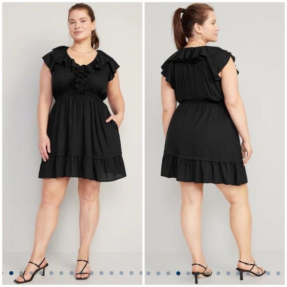 Old Navy Dresses & Skirts - Old Navy NWT Waist-Defined Ruffle-Trim Mini Dress In Black Plus Size 4X New